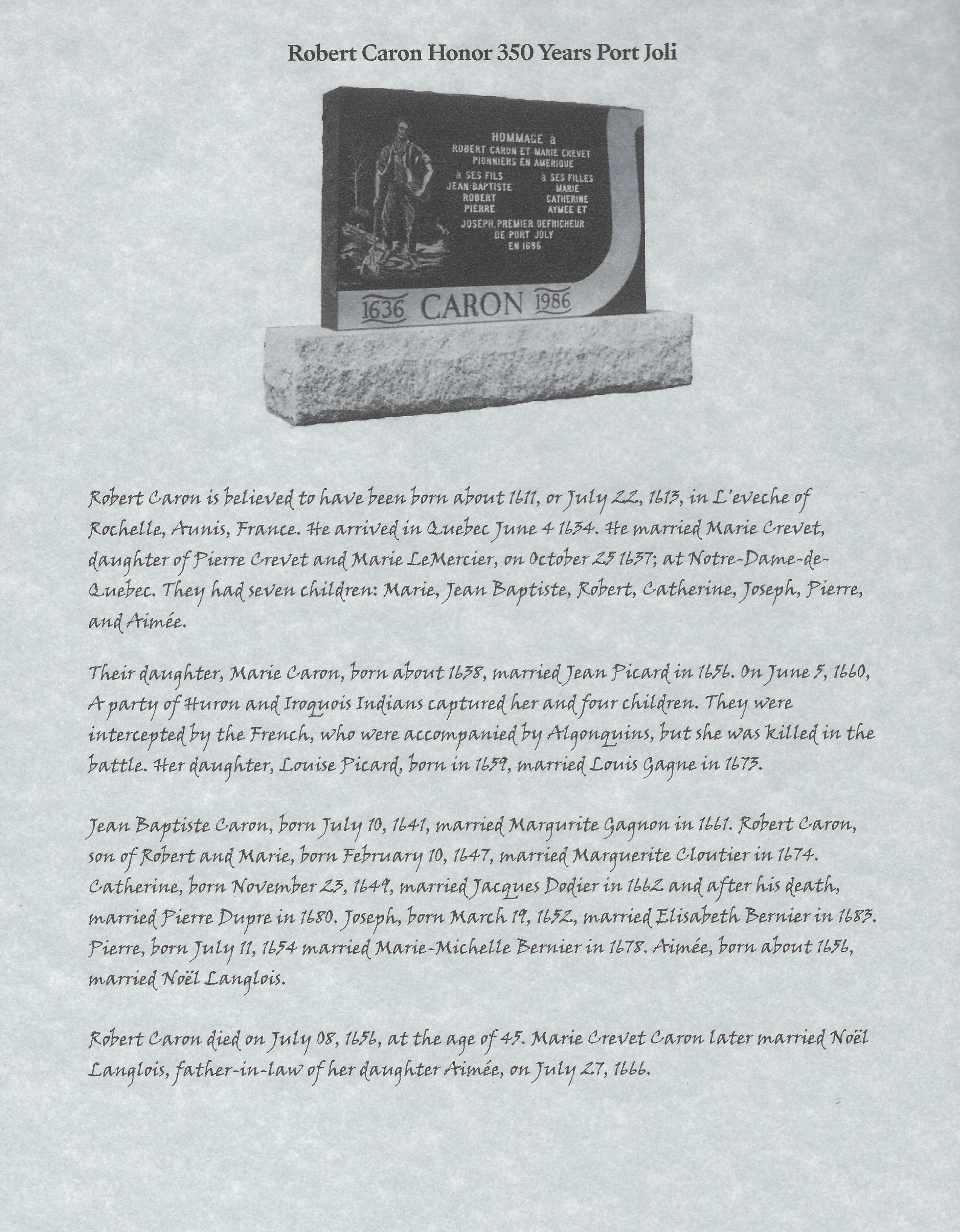 Robert Caron Honor 350 Years Port Joli — monument and family narrative