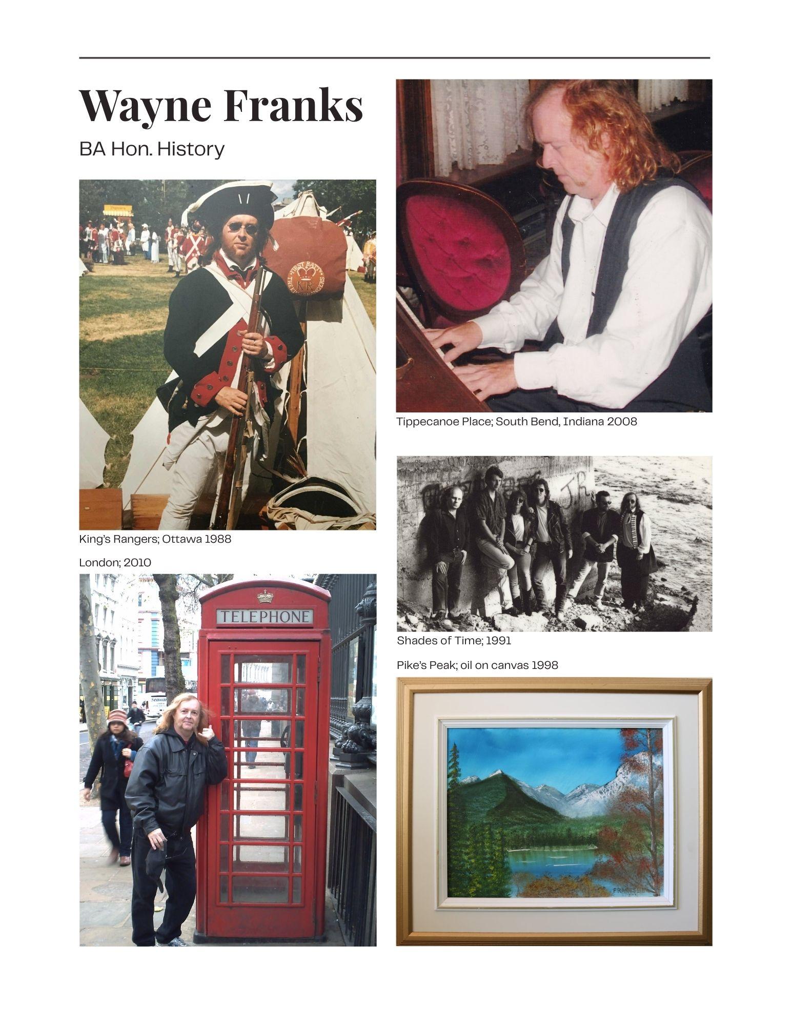 Wayne Franks photo collage: King’s Rangers Ottawa 1988, piano at Tippecanoe Place 2008, Shades of Time 1991, London 2010, and Pike’s Peak oil on canvas 1998