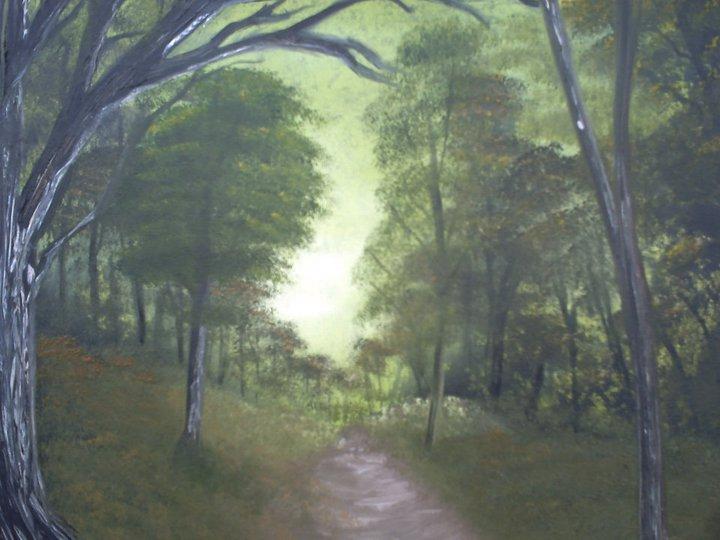 Woodland path in mist