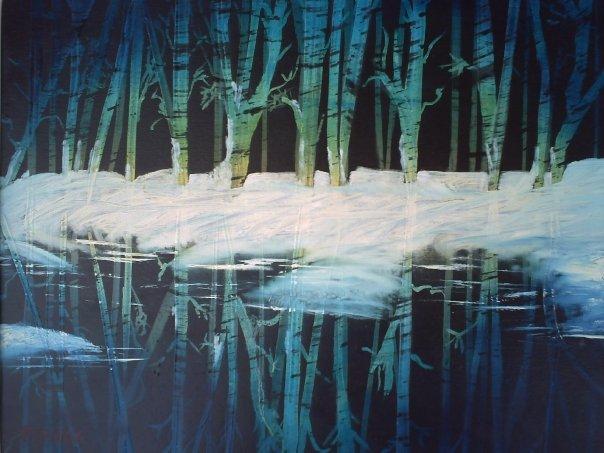Winter birch trees reflected in dark water