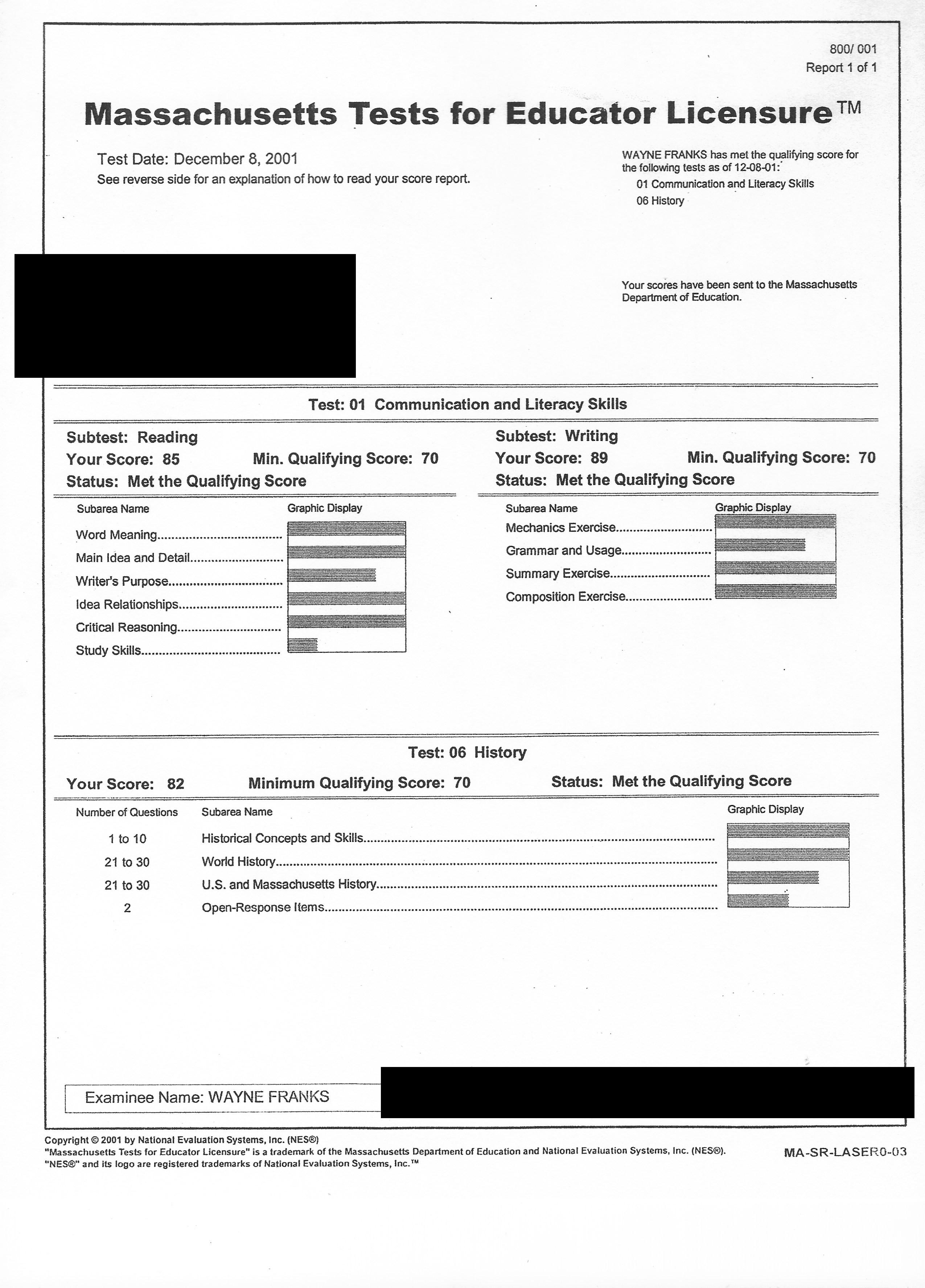 Redacted MTEL score report showing qualifying scores in Communication and Literacy Skills and History